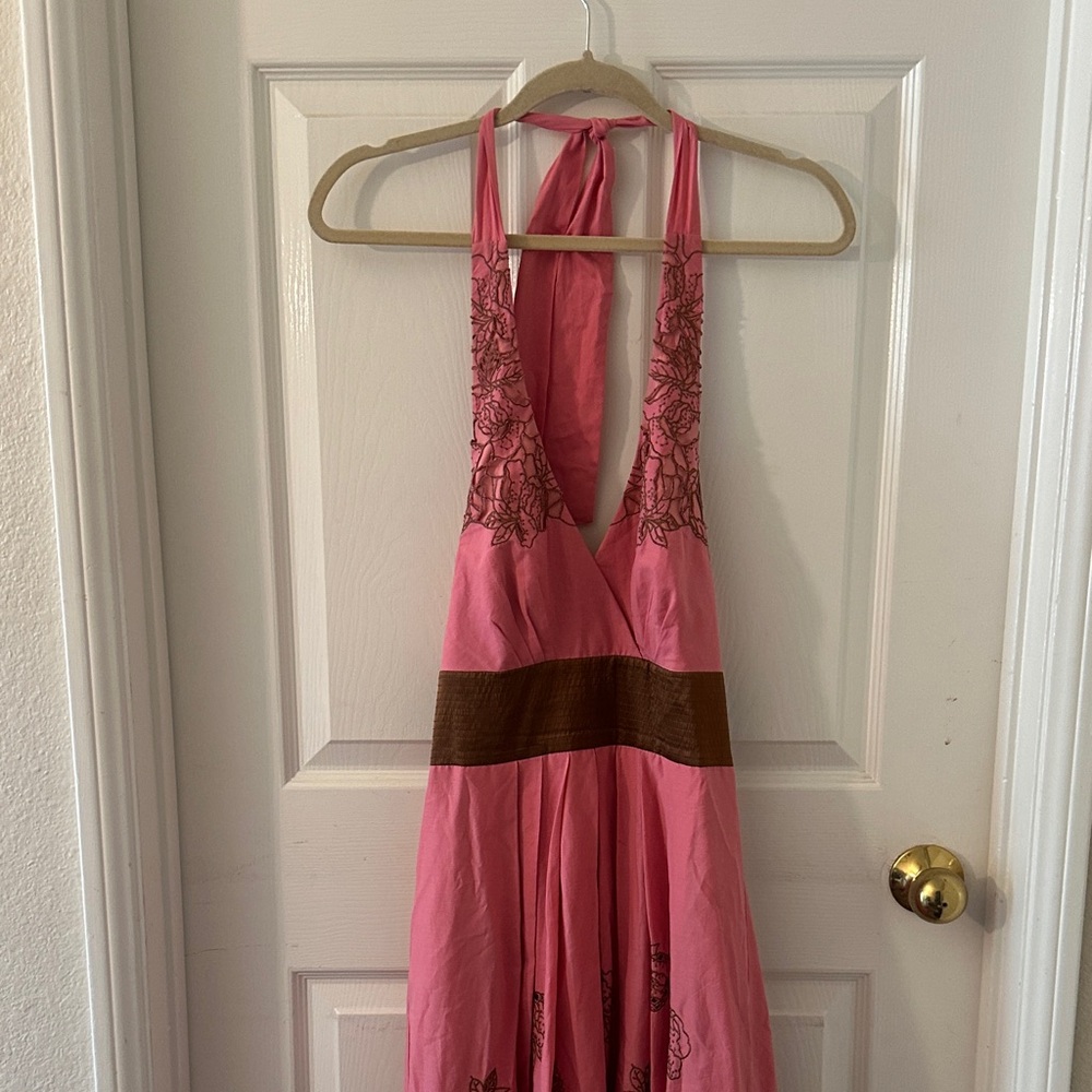 BCBG Pink Halter Maxi Dress with Brown Waistband. Embroidered floral design